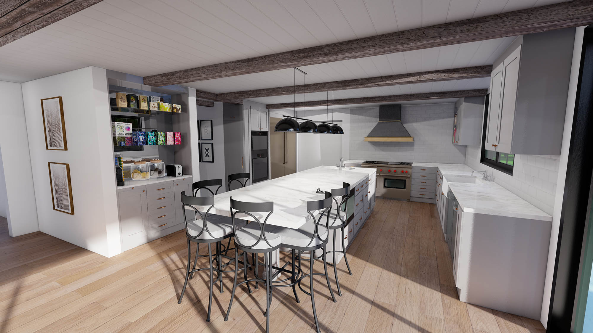 Open kitchen with dining room