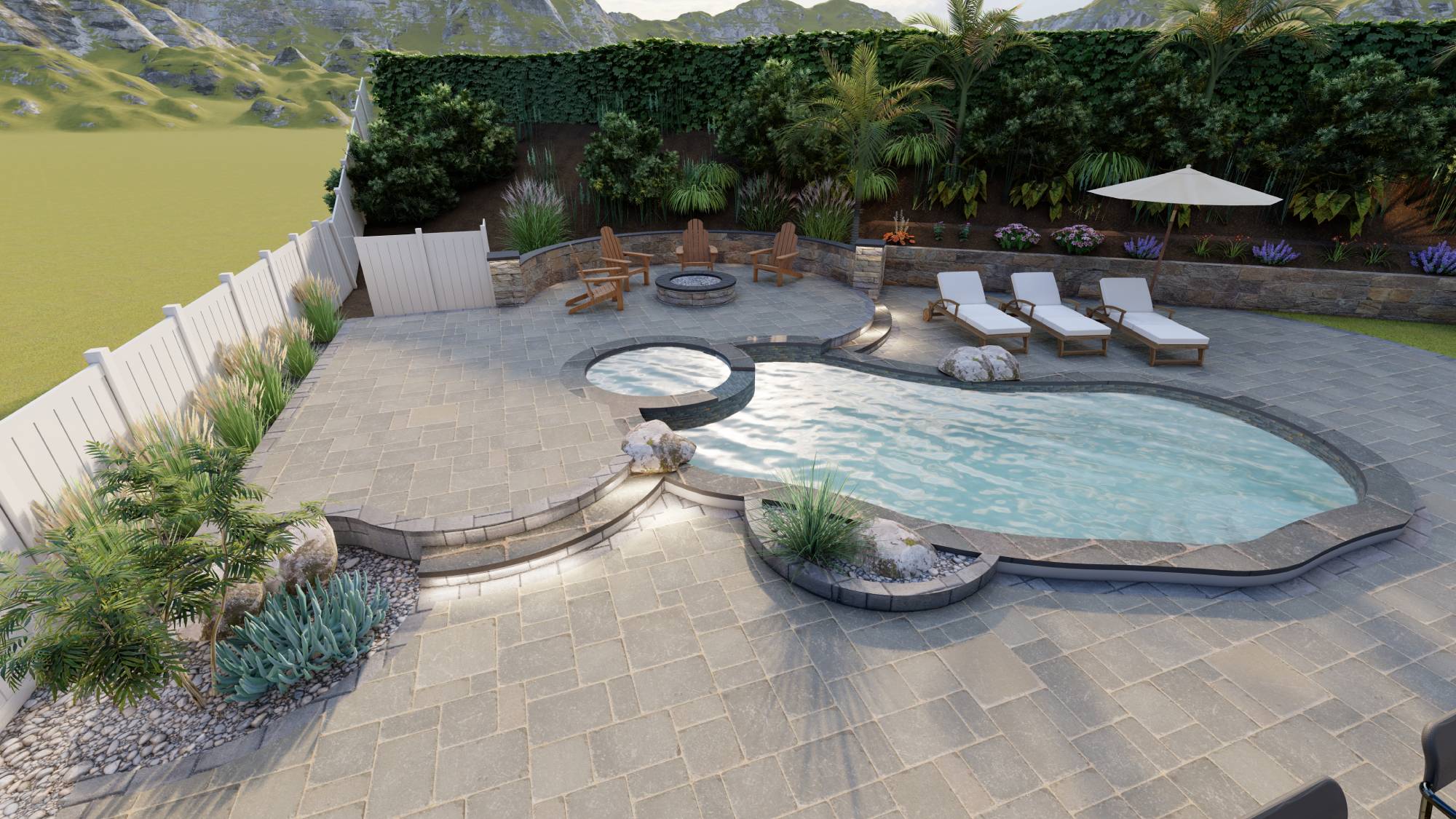 Curved pool with chairs